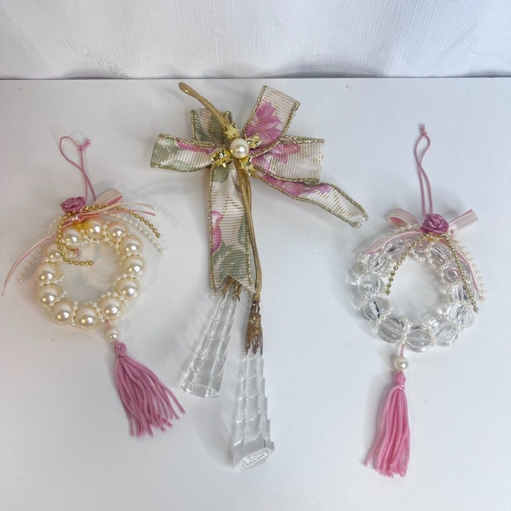 Christmas Tree Ornaments Set of 3 Wreaths Ribbon Crystals Holiday Decor